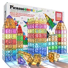 PicassoTiles 80 Piece Magnetic Building Tiles Block Play Set with Car Figures