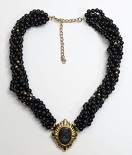 VTG Victorian Revival Twisted Black Bead Gold Tone Cameo Pendant Necklace 16-18"