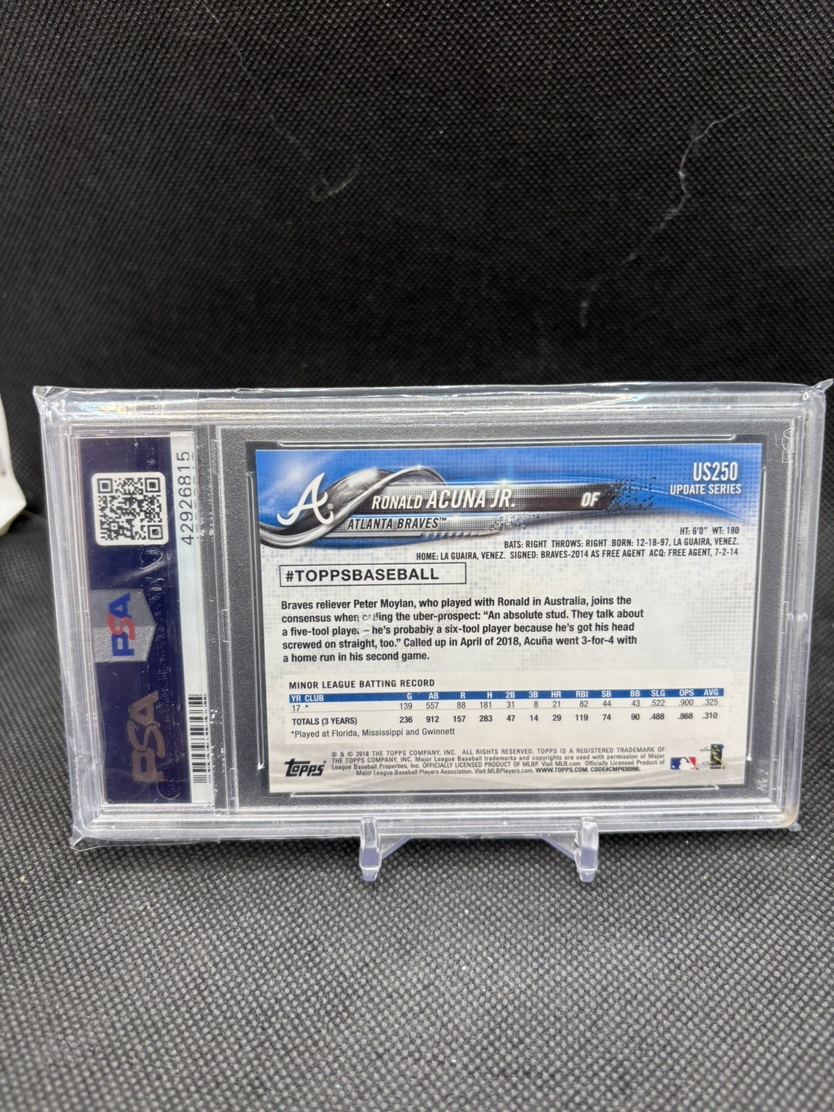 Topps 2018 Update Series Ronald Acuna Jr US250 Vertical Blue Jersey RC PSA 9 view 2