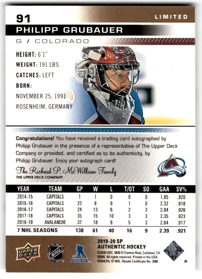2019-20 SP Authentic Limited Gold Philipp Grubauer Auto #91 Colorado Avalanche - Image 2 of 2