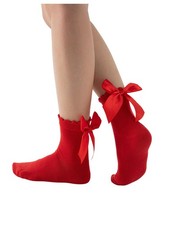 Womens Bow Ruffle Socks Cute Frilly Lace Ankle Holiday Socks with Ribbons Red...