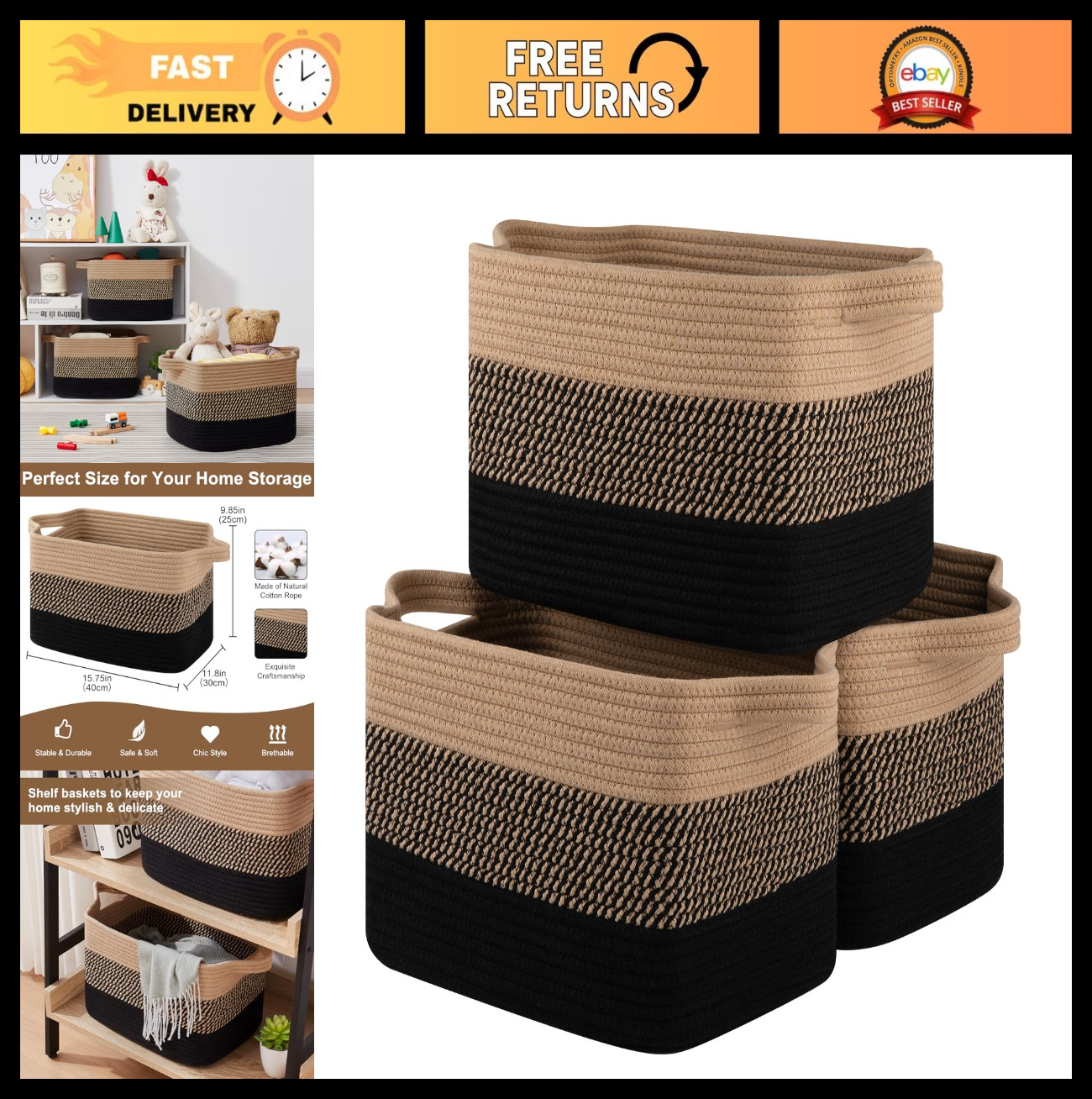 Woven Storage Baskets - Decorative Organizing Bins for Closet, Toys, Books - Pac