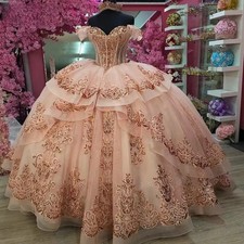 Pink Quinceanera Dresses Puffy Ball Gown Appliques Off The Shoulder Sweet 16