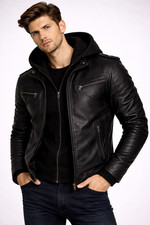 Men  s Genuine Lambskin Leather Hoodie Jacket  Slim Fit Biker Motorcycle Coat