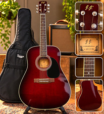J.J. DRW-71WRS 6-String Dreadnought Acoustic Guitar, Full Size, Red, Gig Bag
