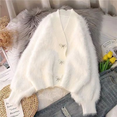 Lady Faux Fur Sweater Knitted Jumper Cardigans V-neck Fluffy Coat Casual Outdoor