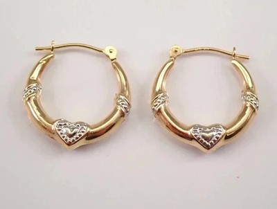 Delicate Vintage Women Estate Heart Hoop Earrings 14K Yellow Gold Plated