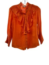 Davi & Dani Women's Button Up Ruffle 3/4 Sleeve Top Orange Size Medium