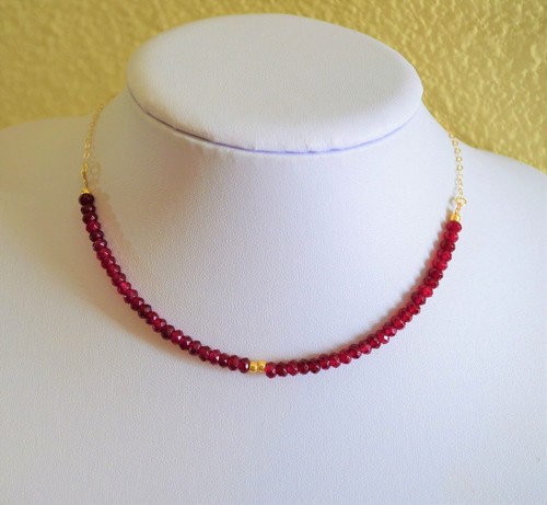 Genuine Natural Faceted Red Ruby Yellow Gold Choker Necklace Handmade