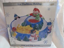 Vtg Sears Ceramic Snowman chips and dip server bowl Snowmen