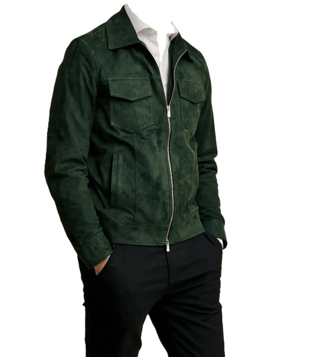 Men's 100% Pure Suede Leather Jacket Green Suede Biker