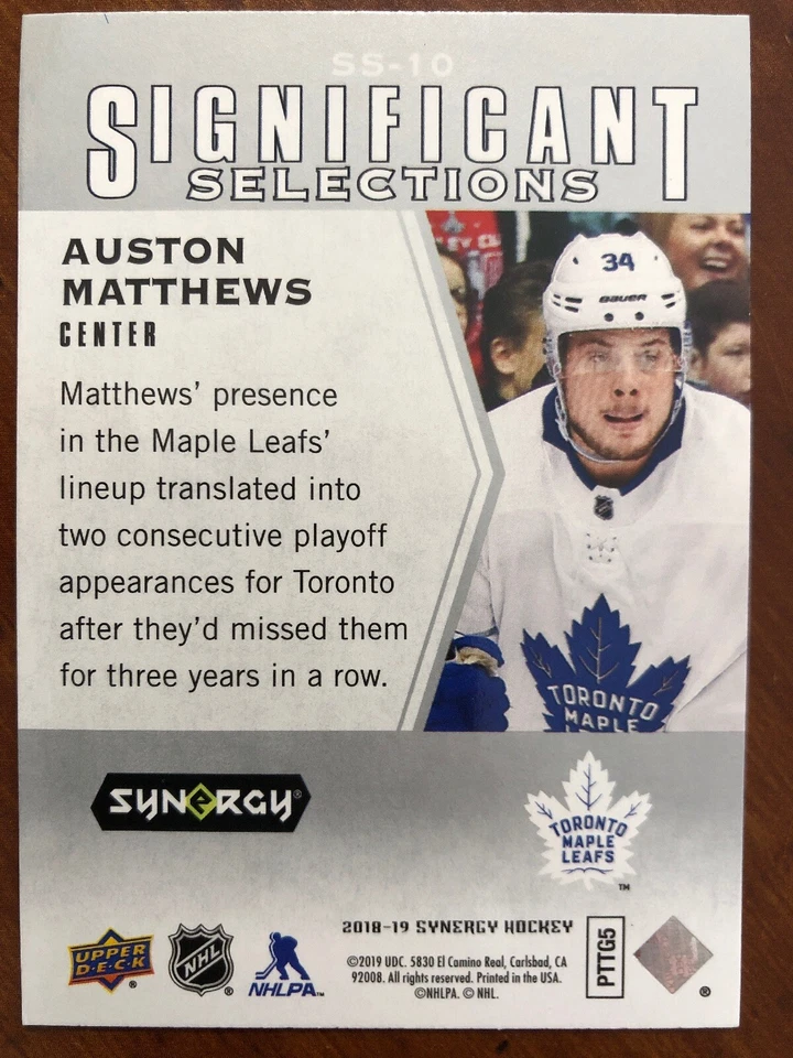 18-19 UD Synergy Significant Selection #SS-10 Auston Matthews - Image 2 of 2