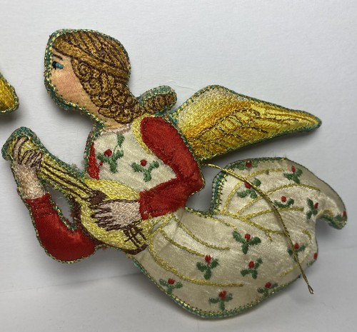 Vintage Angel Ornament Set of 2 Handmade MCM Christmas Embroidered Beautiful - Picture 3 of 9