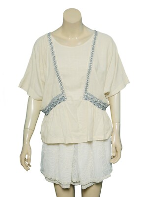 Iro Womens Top M Embroidered Round Neck Short Sleeve Silk Beige Blouse New 13020