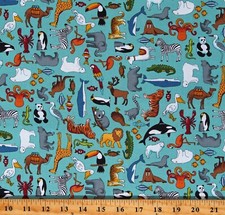 Cotton Zoo Animals Kids Children's ABC Blue Fabric Print by the Yard D775.04