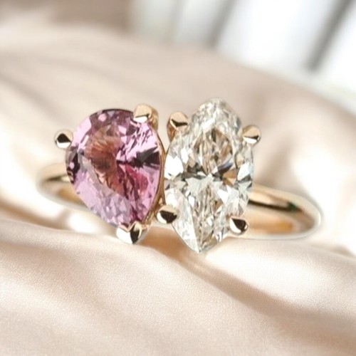 Lab Created Pink Sapphire Diamond Ring 3.60 Ct Pear & Marquise 18K Yellow Gold - Picture 4 of 7
