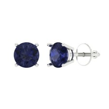 2Ct Round Cut Stud Designer Earrings, Sapphire Gemstone, White Gold, Screw back