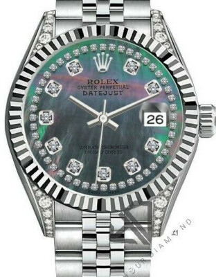 Women's 26mm Rolex Datejust SS Jubilee Black MOP String Diamond Dial & Lugs
