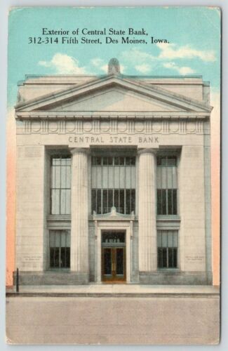 Des Moines Iowa~Central State Bank~312 Fifth Street~Close Up~1914 Postcard