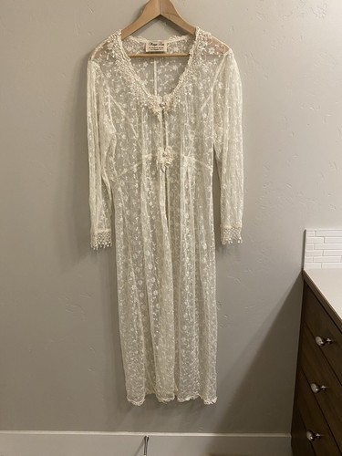 Margot Lea Vintage Ivory Sheer Maxi Lace Floral Mesh Open Duster Kimono