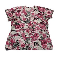 Women  s Peaches Pink Floral Breast Cancer Awareness Short Sleeve Scrub Top Sz M
