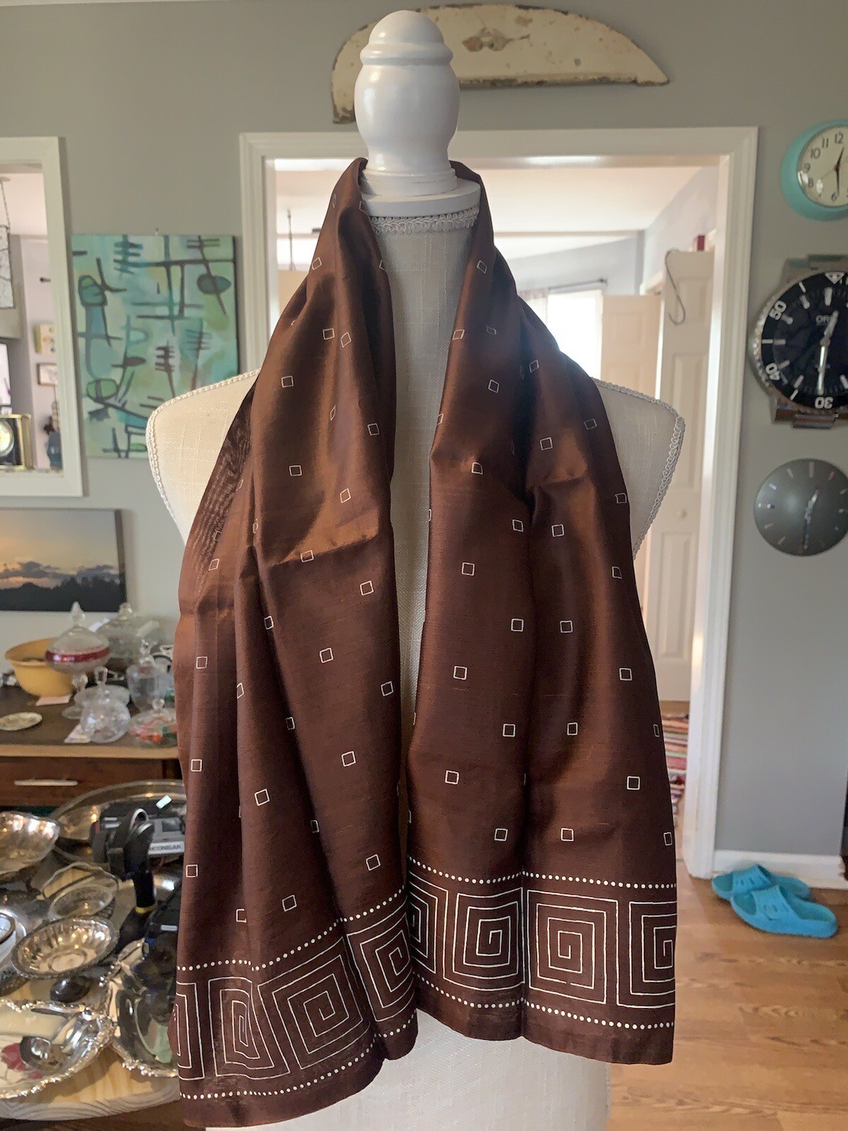 Vtg Vera Brown Silk Rectangular Scarf  Geometric … - image 1