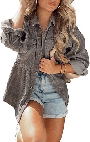 Women's Corduroy Shirts Cute Ruffle Babydoll Tunic Tops Button Down Long Sleeve - Picture 2 of 7