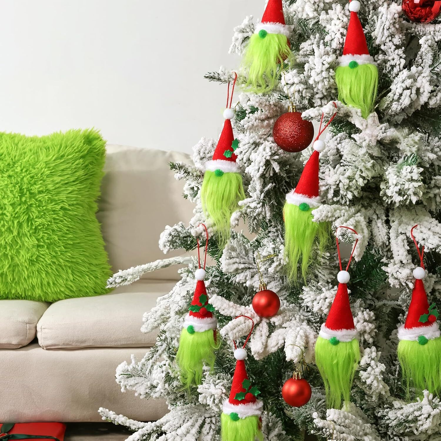 Christmas Decorations Indoor: 8pcs Red Green Plush Elf Gnome Tree Ornaments, Cut
