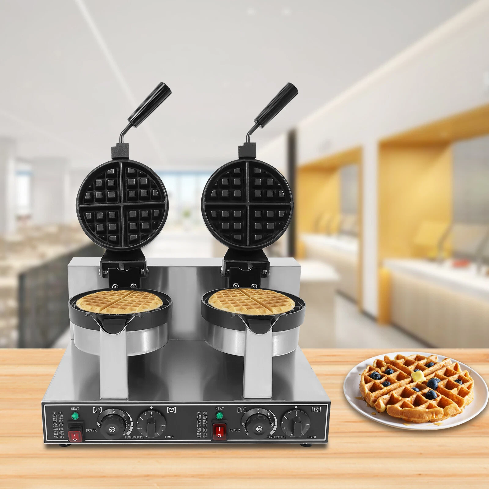 2400W Dual Head Non-Stick Breakfast Round Belgian Waffle Maker Commercial