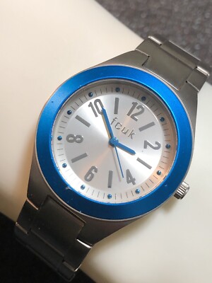 French Connection FCUK Watch All Stainless Steel Silver Tone Blue Bezel 34mm