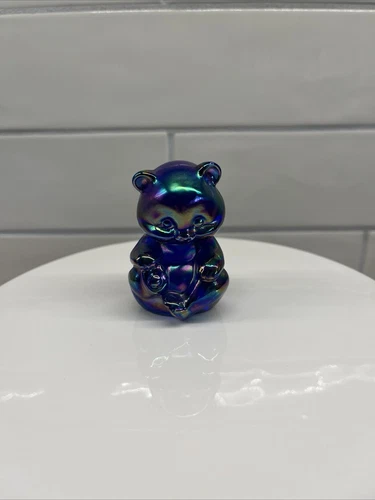 Fenton Glass Cobalt Blue Iridescent Rainbow Carnival Glass Mini Bear