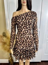 BROWN ANIMAL PRINT MINI DRESS WITH LONG SLEEVES AND RUFFLED HEM SIZE LARGE