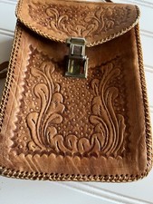 Vintage Tooled Leather Crossbody Bag Brown Floral Western Purse Metal Clasp
