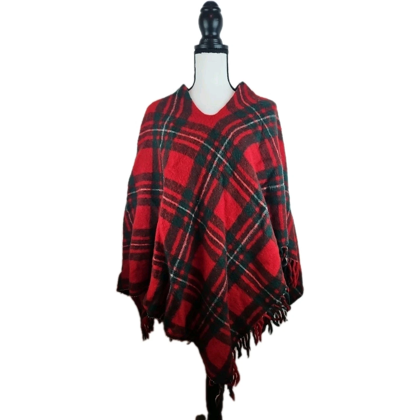 Wool Poncho Women's One Size Red Plaid Poncho With Fringe Vintage