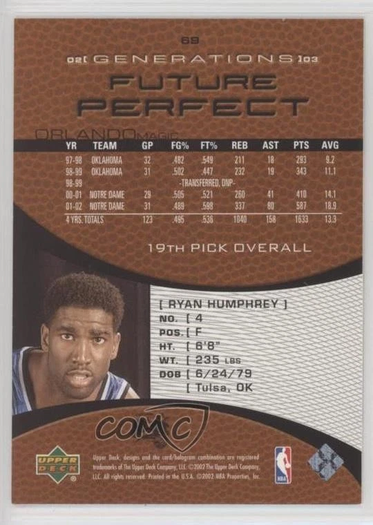 2002-03 Upper Deck Generations Future Perfect /999 Ryan Humphrey #69 Rookie RC - Image 2 of 2