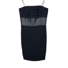 Carmen Marc Valvo Tiered Pleated Little Black Dress Strapless Sheath Leather 6 S