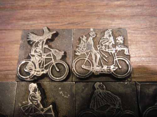 Letterpress Woodcut 9 Printing Block Which on bike Halloween other bike blocks - Picture 2 of 10