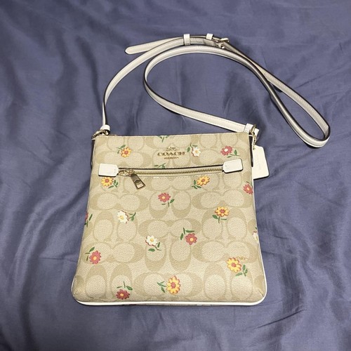 COACH Crossbody Bag Signature Canvas Floral Print Light Khaki White Trim - Picture 1 of 5