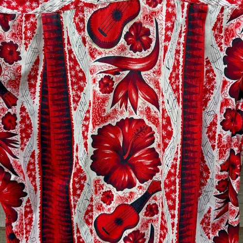 Hawaiian Red Hibiscus Flower Ukulele Vintage white button up shirt Size XL - Picture 6 of 6