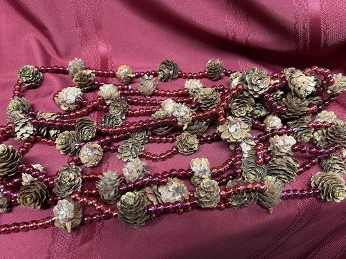 Vtg Handmade Rustic Christmas 2 Strands Tiny Pine Cones & Red Beads 104” Each