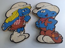Smurf  Smurfette Vintage Hand Made Fabric Over Wood Thick Wooden Puzzles 14"
