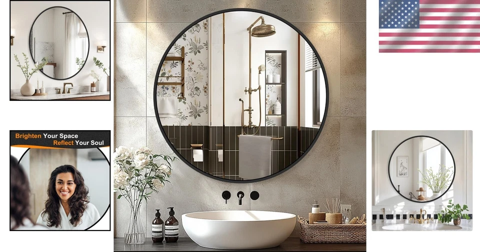 Stylish 22-Inch Round Mirror for Entryway & Bathroom - Matte Black Finish - Image 2 of 4