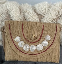Woven Straw Clutch Women  s Purse Summer Beach Bag envelope with shells accent