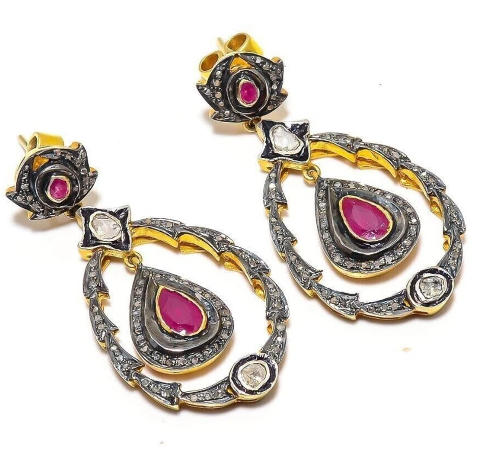 Natural Teardrop Ruby Earrings 925 Silver Gold Polki & Pave Diamond Earrings - Image 3 of 4