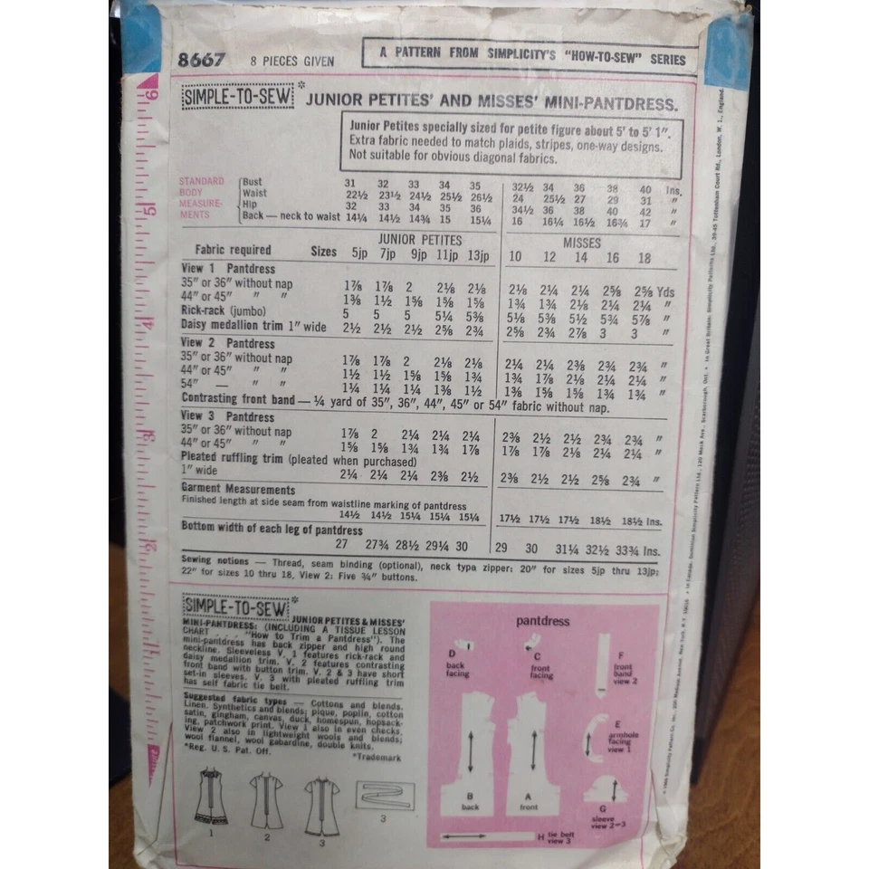 Vintage Simplicity Pattern 8667 Mini-Pantdress Junior Petites'/Misses' (1969) - Image 2 of 2
