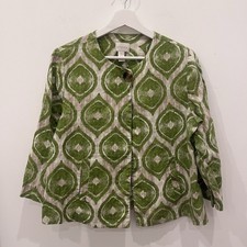 CHICO'S 100 Linen Open Front Jacket Geometric Ikat Print Green Tan Size 1 Caree