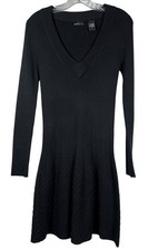 VTG MODA International Sz M Sweater Dress Black LS V-Neck Wool  Fit Flare Y2K