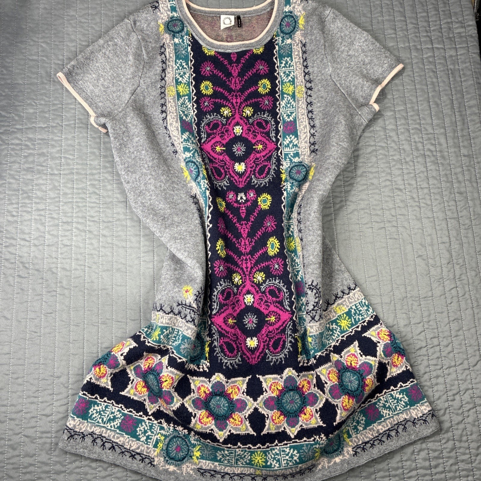 Anthropologie Akemi + Kin Gray Boho Intarsia Knit Sweater Dress XL Short Sleeve