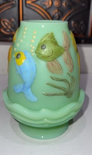 Fenton Glass Jade Green Atlantis Koi Fish Fairy Light Lamp HP by Linda Fleming