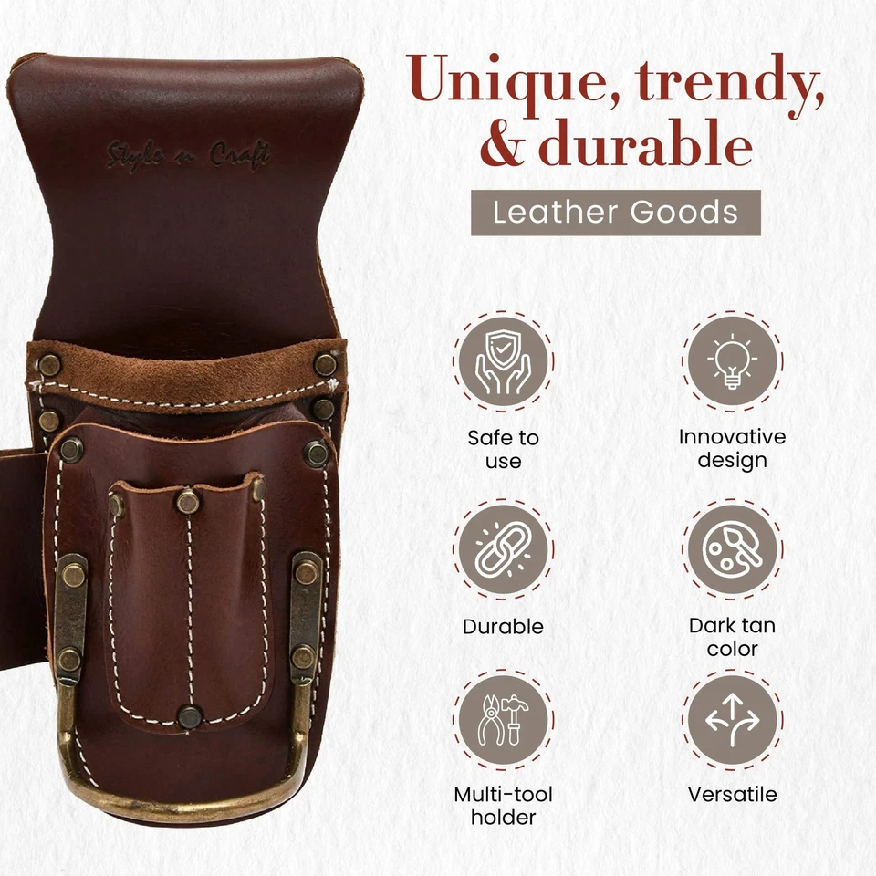 - 5 Pocket Pliers and Hammer Holder, Full-Grain Leather Tool Pouch, Multi Too... - Image 4 of 4